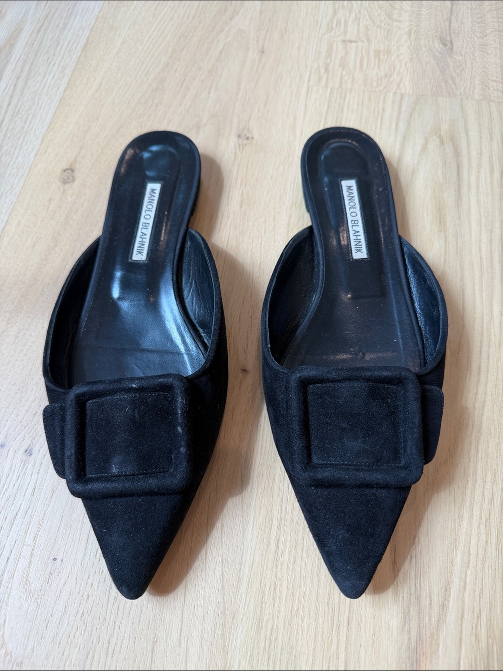 Manolo Blahnik Black Suede Pointed Buckle Mule